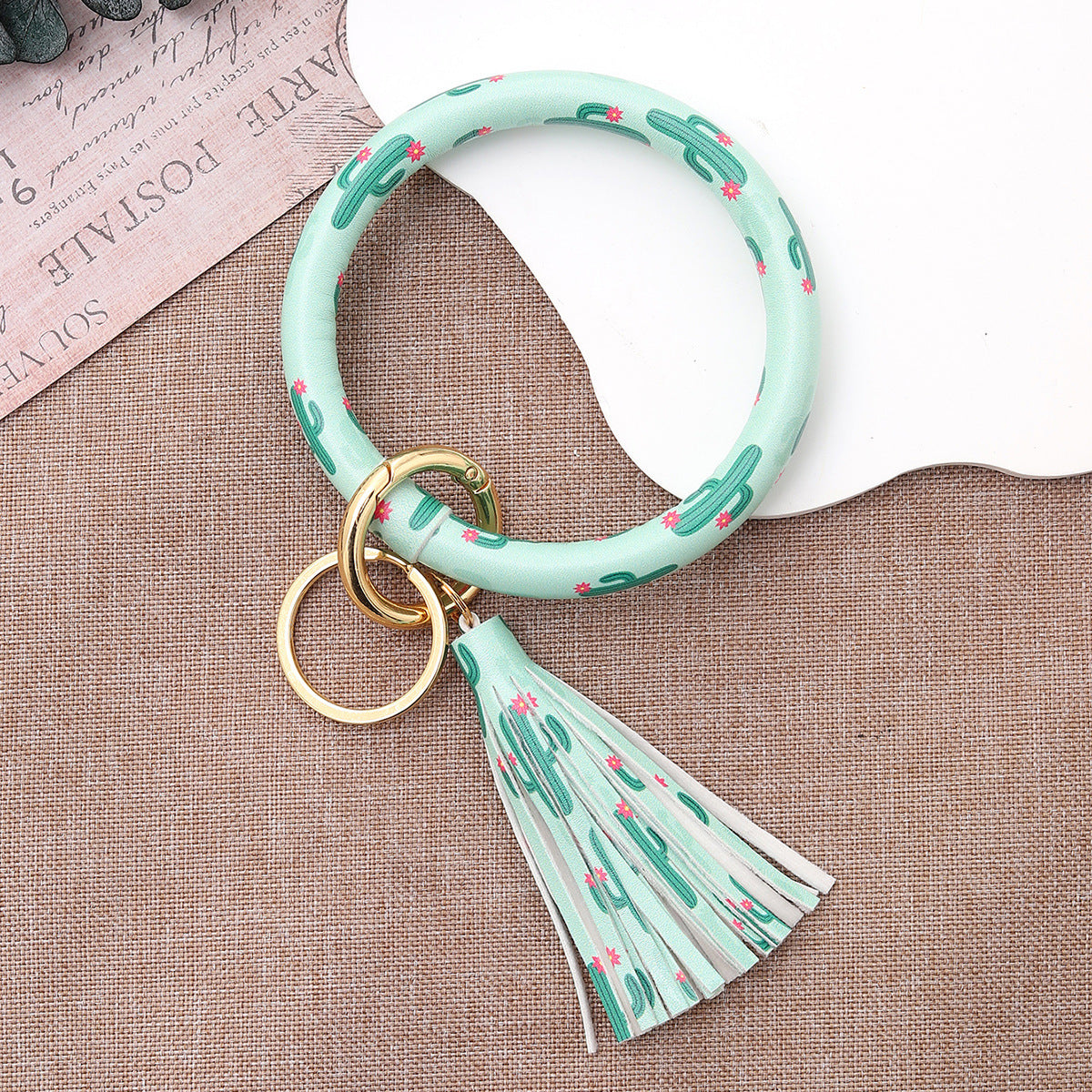 Wholesale Green Leather Cactus Print Rubber Tube Tassel Keychains